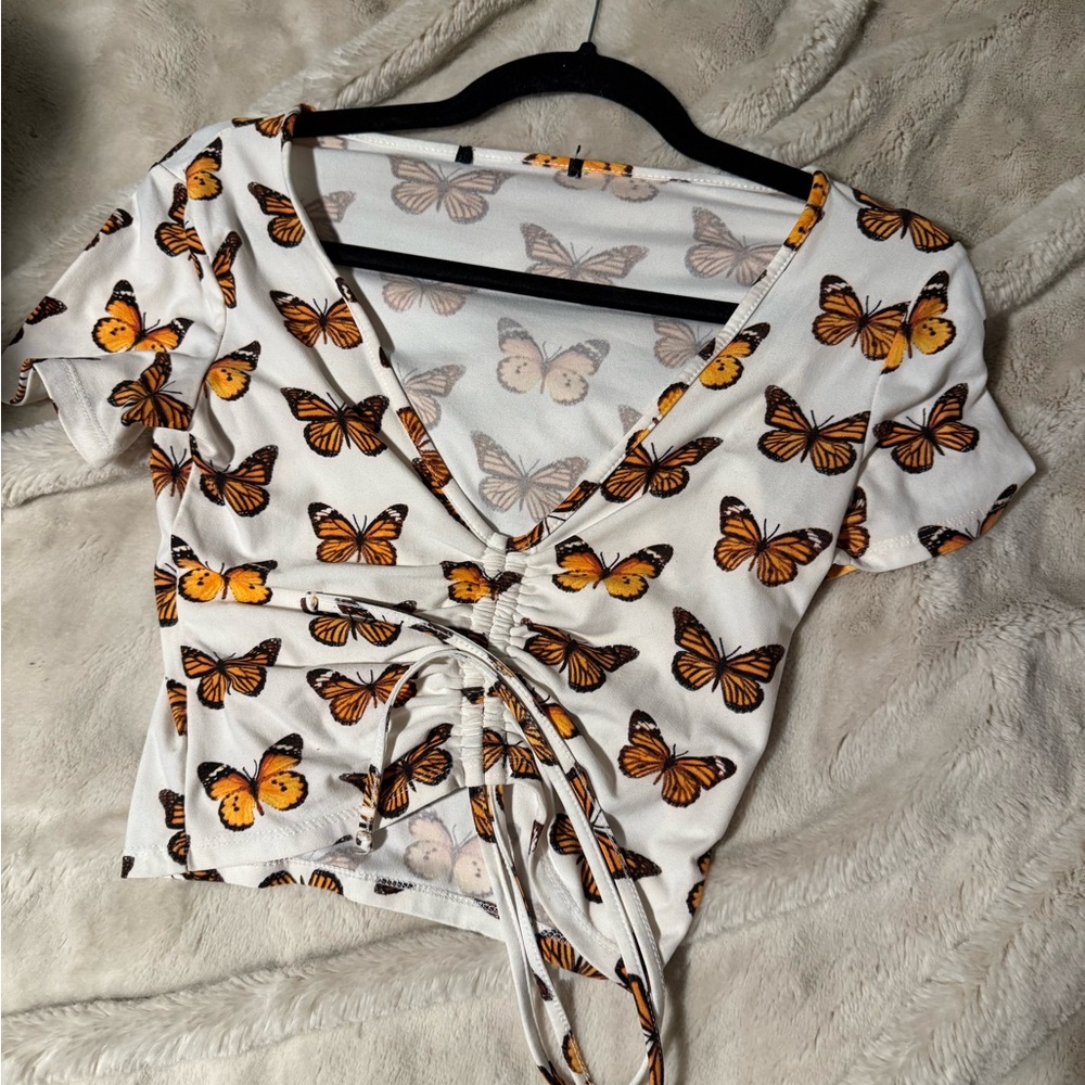 Butterfly Print Ruched White Top
